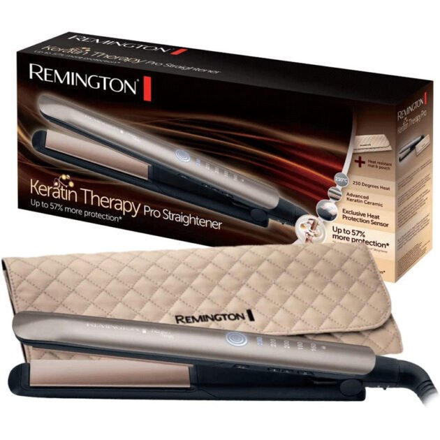 Remington Lisseur Cheveux [Innovation: Capteur de Protection contre la chaleur] Keratin Therapy (Soin Kératine & Huile d'Amande, Céramique, Ecran LCD, 160-230°C, pochette) Fer à lisser S8593
